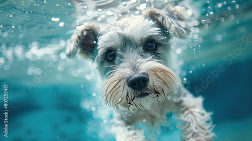 Schnauzer dog  swimming in the water. Underwater portrait.
