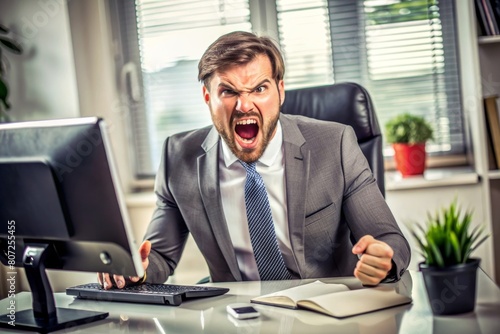 Angry businessman sitting at his desk and screaming. © Alexander