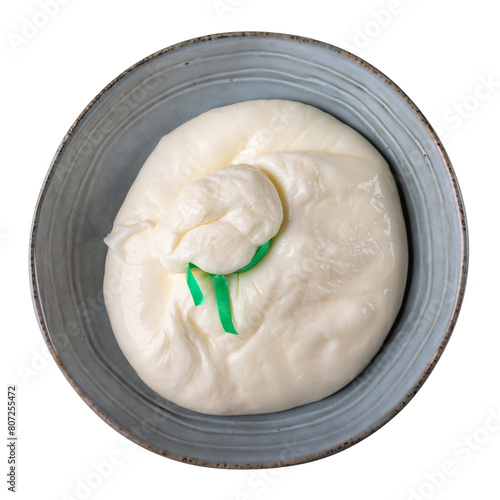 Burrata cheese in gray bowl isolated on white background. Top view.