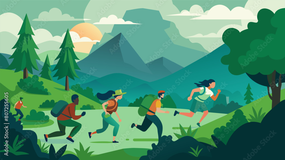 Obraz premium A group of intrepid adventurers braving the rugged terrain of a lush green national park racing against time and each other.. Vector illustration