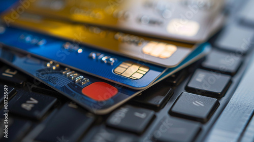 Wallpaper Mural Close-up credit cards stacked laptop keyboard, financial security, online shopping, digital payment Torontodigital.ca