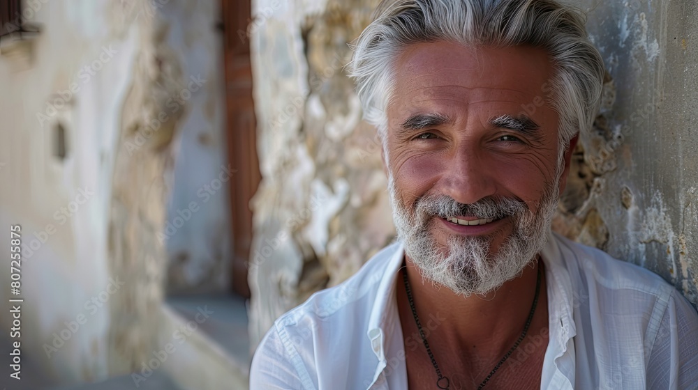 Older man with tanned skin, posing smiling in white t-shirt, handsome and attractive, Mediterranean Caucasian.