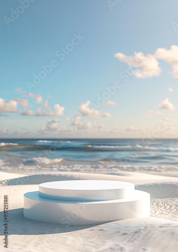 round podium on beach with sunrise and sea background for display product advertising