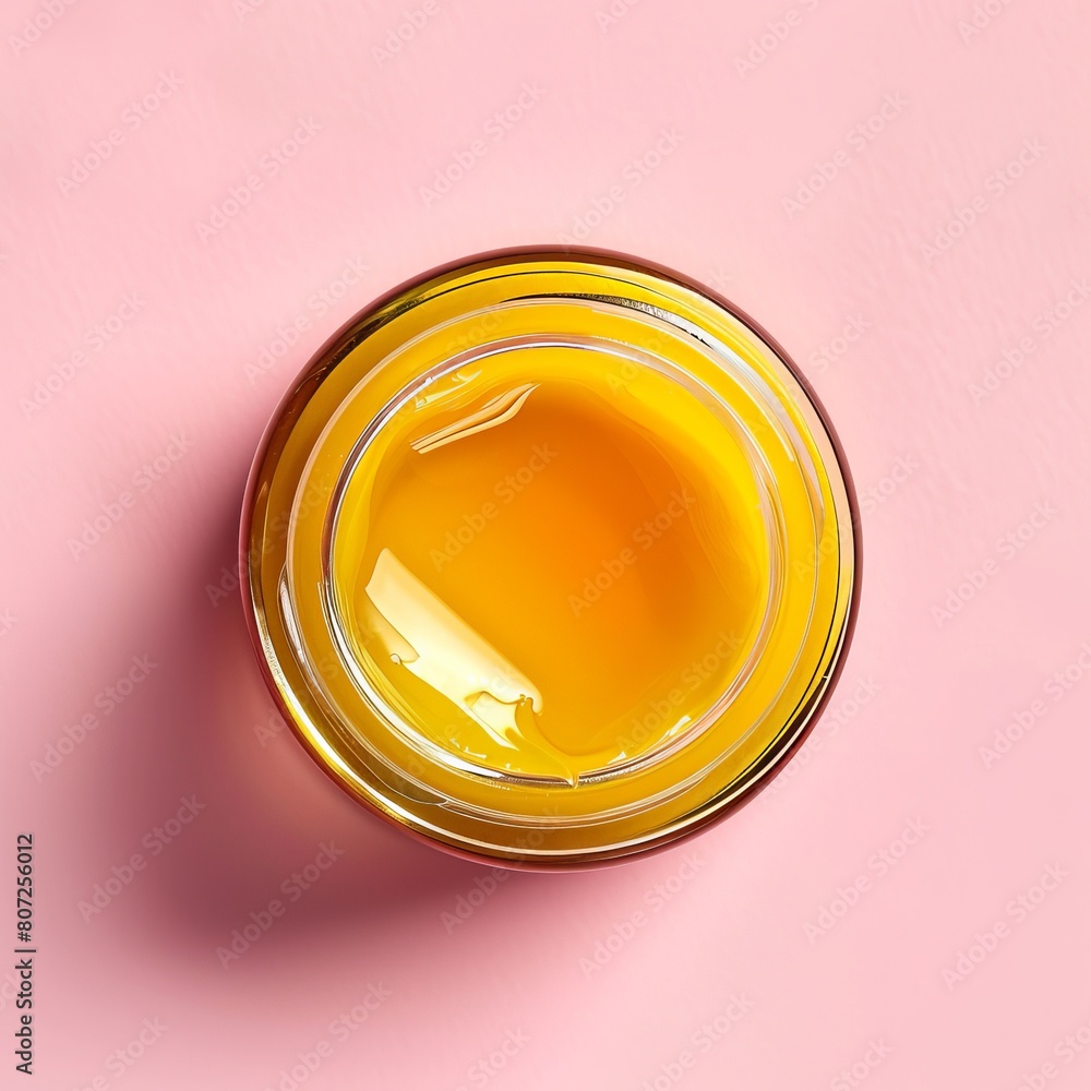 jar of yellow gel polish on a pink background. jar of yellow gel polish on a pink background.
