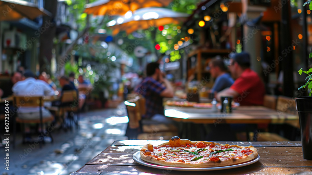 Friends enjoy lunch at vibrant outdoor cafe, pizza front center, lively social scene