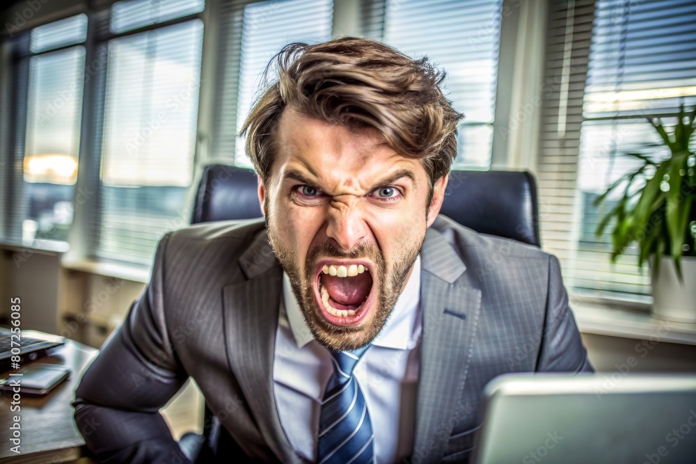 Angry businessman sitting at his desk and screaming. Angry businessman sitting at his desk and screaming.
