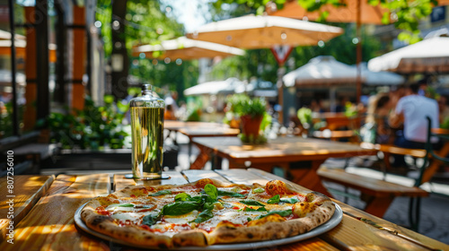 Summertime lunch outdoor cafe, fresh pizza lunch sunny day. Casual dining