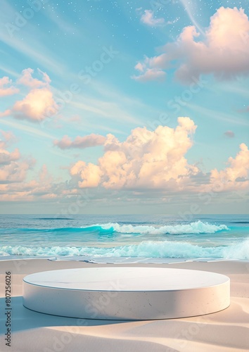 round podium on beach with sunrise and sea background for display product advertising