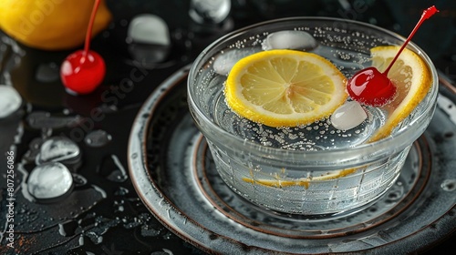  Close-up of glass of water, lemons & cherries on ice