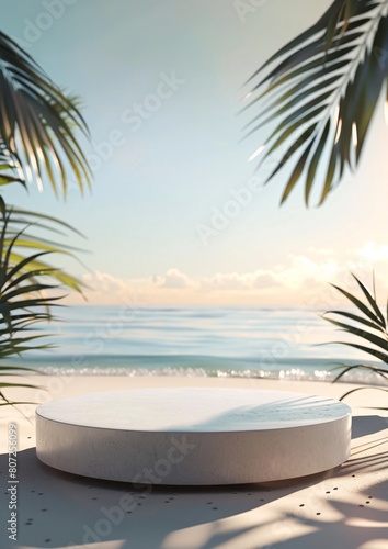 circular podium with beach in the morning sunrise and palm tree background for product presentation advertising