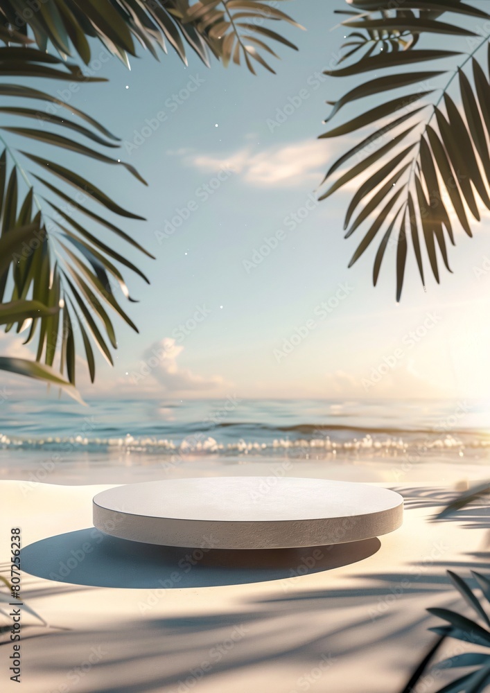 circular podium with beach in the morning sunrise and palm tree background for product presentation advertising circular podium with beach in the morning sunrise and palm tree background for product presentation advertising