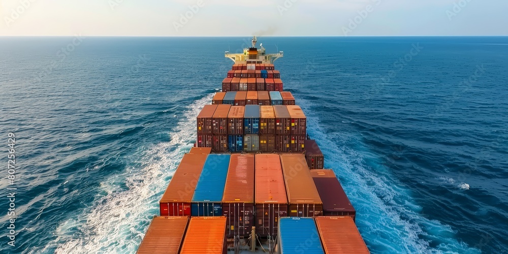 Fototapeta premium Maritime Power: Majestic Front View of a Massive Cargo Ship Sailing the Open Ocean, Logistics, Transportation, Global Shipping