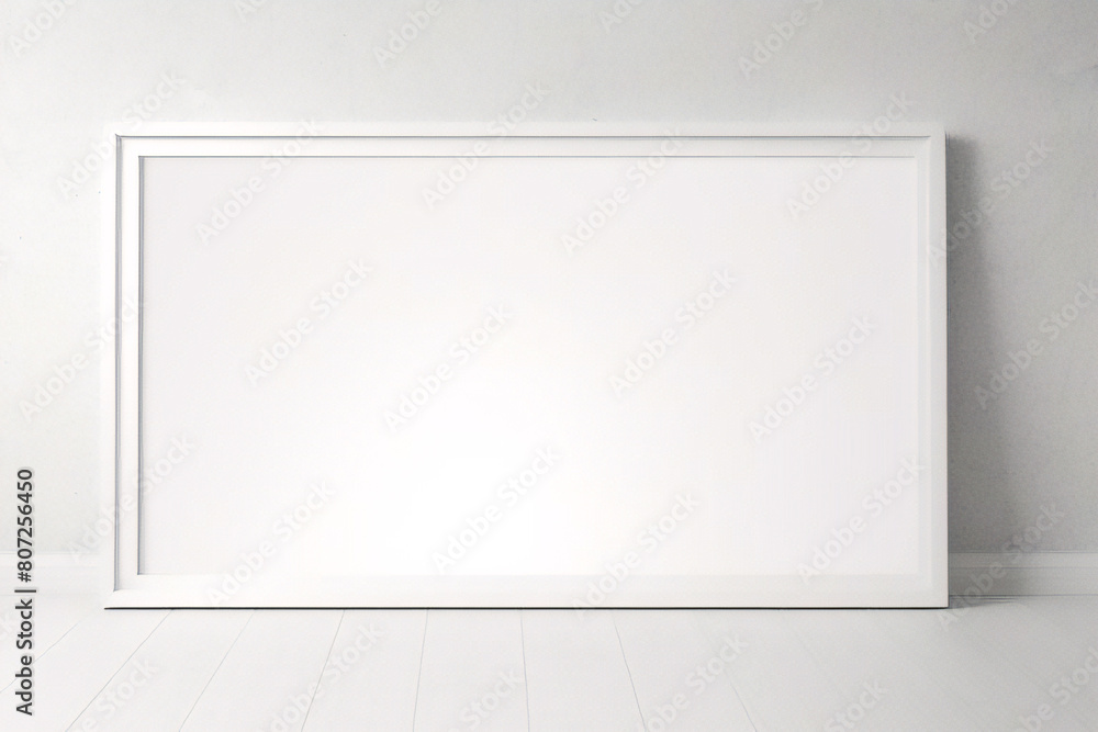 Lienzo blanco vacío con marco decorativo blanco sobre una maqueta de fondo blanco Lienzo blanco vacío con marco decorativo blanco sobre una maqueta de fondo blanco