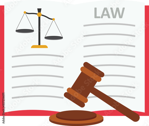 Law, Order, Court Symbols Vector Illustration. Magistrate Gavel, Scales, Cases Reports, Book. Legal Advice, Consulting Firm. Wooden Judge Hammer. Jurisprudence Textbooks

