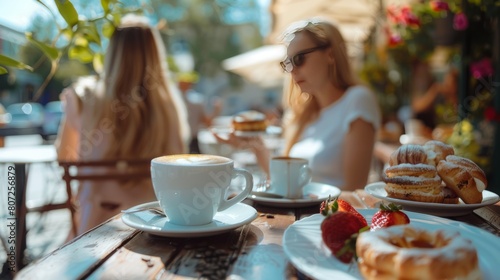 Unrecognizable Young Women Delight in Coffee and Sweet Pastries on a Cozy Cafe Patio  Embracing Leisure and Togetherness