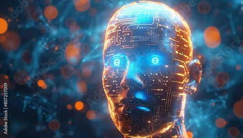 A digital artwork featuring an AI robot head with circuitry and glowing lights