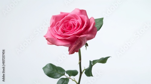  A delicate rose in full bloom, its petals gracefully unfurling against a pristine white backdrop 