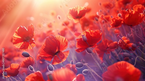 A captivating scene of 3D poppies swaying in a digital breeze, their vibrant red petals creating a visual symphony.  © Huma