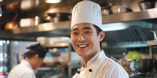 A joyful male chef in a professional kitchen showing positivity and a passion for cooking
