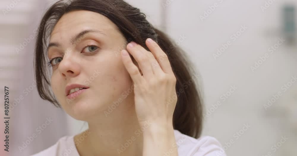 Happy caucasian woman touching her face and looking in mirror in bathroom, close up view Happy caucasian woman touching her face and looking in mirror in bathroom, close up view