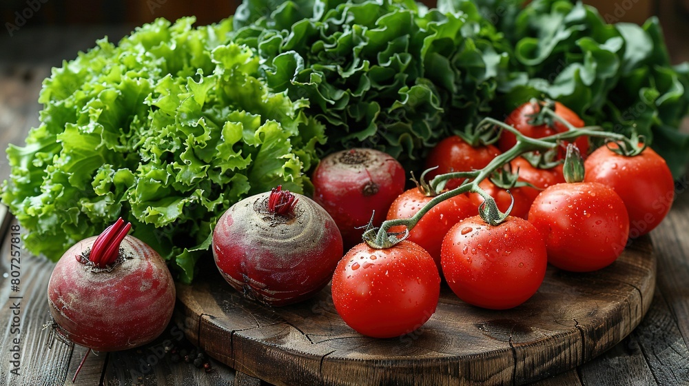 Tomatoes, lettuce, radishes, and lettuce on a cutting board on a table Tomatoes, lettuce, radishes, and lettuce on a cutting board on a table