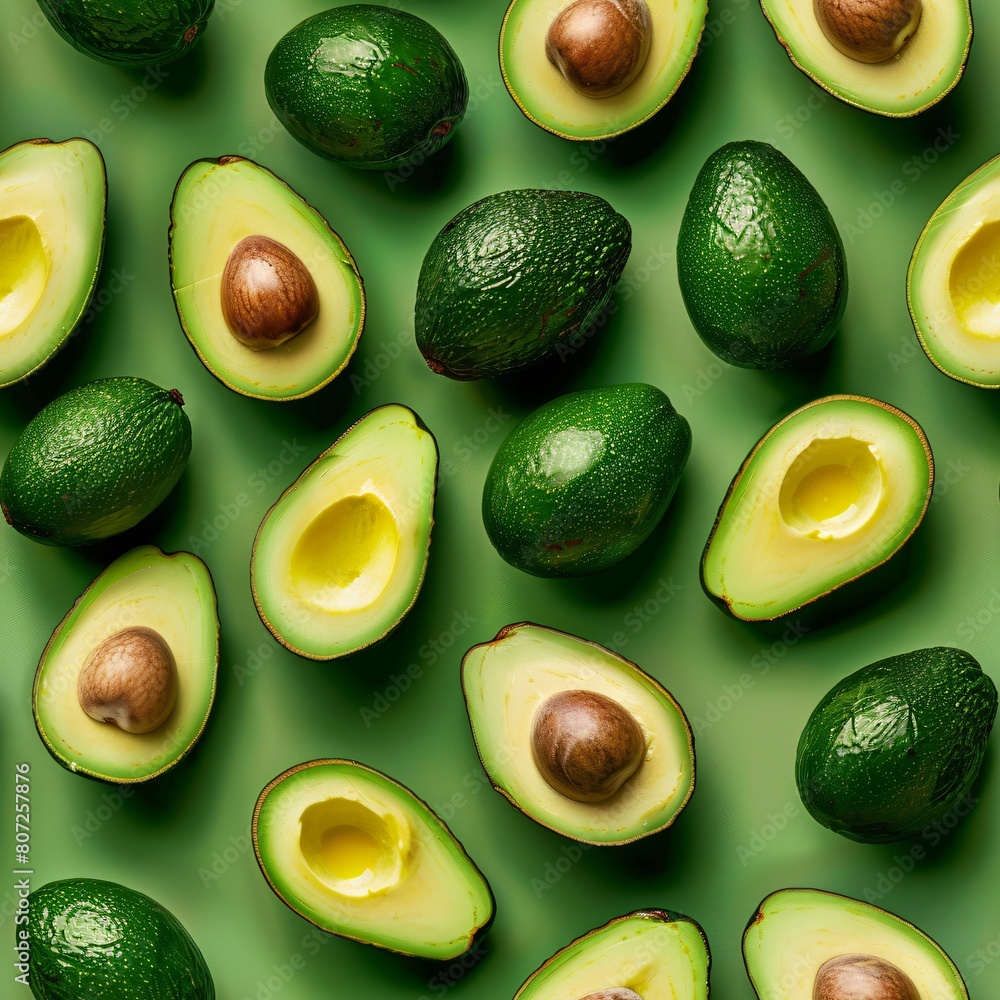 seamless pattern of flat lay avocado cut in half on green olive background seamless pattern of flat lay avocado cut in half on green olive background