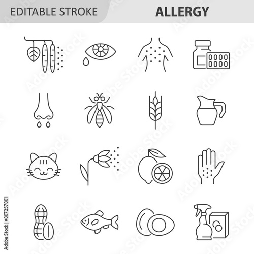 Allergy line icon set. Allergy symptoms and allergens vector collection with rash, plant pollen, pet, dairy, seafood, insect, egg, gluten, medicine. Editable stroke.