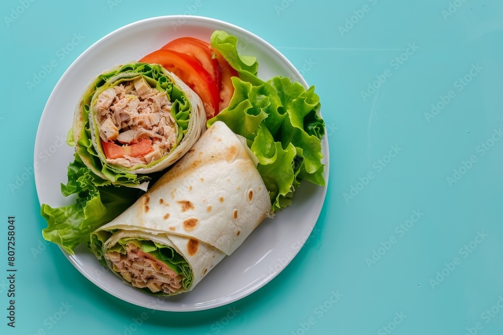 Two tuna melt wraps on white plate with blue background Two tuna melt wraps on white plate with blue background
