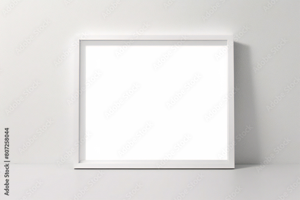 Lienzo blanco vacío con marco decorativo blanco sobre una maqueta de fondo blanco Lienzo blanco vacío con marco decorativo blanco sobre una maqueta de fondo blanco