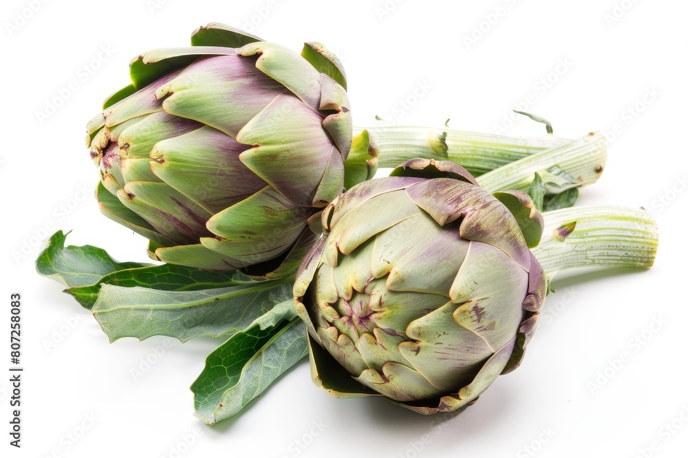 Obraz premium Two whole artichokes showing half of the heart isolated