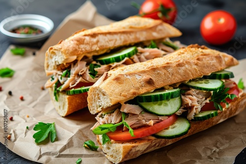 two tasty tuna sandwiches with tomato and cucumber in paper