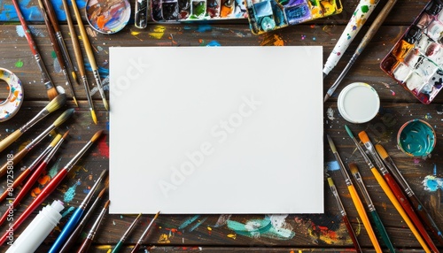 The image shows a variety of art supplies, including paints, brushes, and a canvas