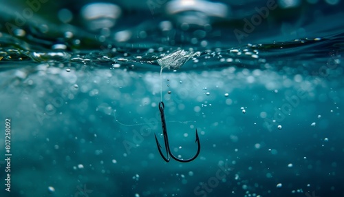 Underwater close up of a fish hook during fishing photo