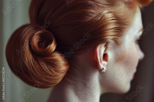 A woman with a bun hairstyle and a pair of earrings