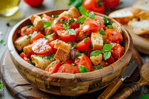 Traditional Tuscan Panzanella vegetarian and healthy Mediterranean salad with tomatoes and bread Banner