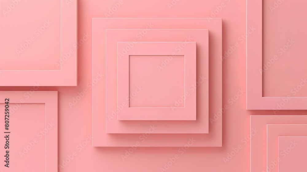   A close-up of a pink wall features squares and rectangles spaced evenly across its surface, while a white square sits centered at the center of the image