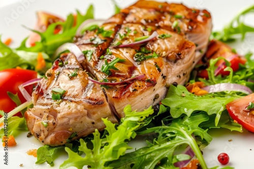 Tuna steak and salad on white backdrop