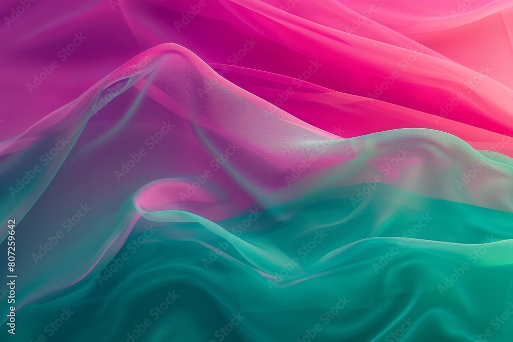 Abstract background with pink, green and teal colors, gradient waves of fabric