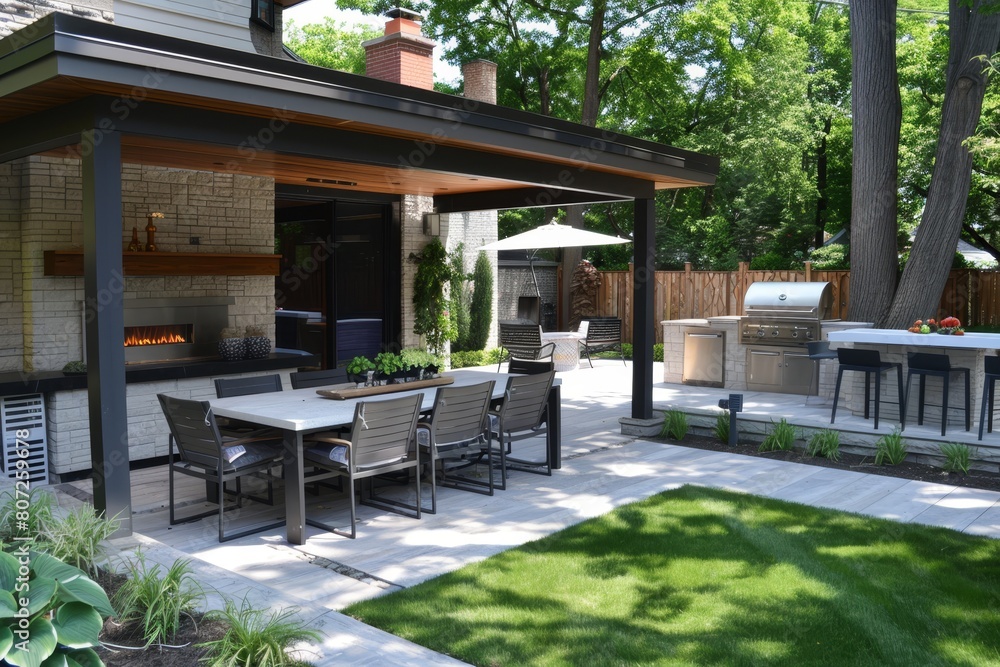 Elegant outdoor patio with dining table set, grill, and fireplace in a lush garden.