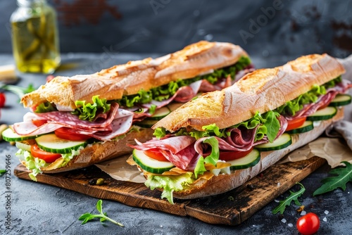 Two Ciabatta Sandwiches with lettuce tomatoes cucumber ham salami and cheese