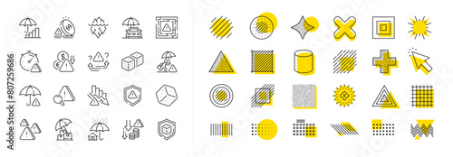 Safety umbrella, Iceberg threat and dice gambling set. Design shape elements. Risk management line icons. Reduce finance, win chance and maze labyrinth line icons. Vector