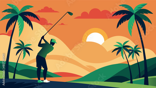 A golfer hitting a chip shot on a green surrounded by tall palm trees the sunset peeking through the leaves and branches above.. Vector illustration