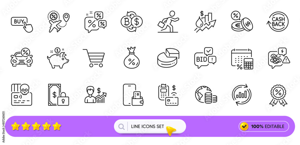 Saving money, Loan and Private payment line icons for web app. Pack of Market sale, Car leasing, Rise price pictogram icons. Stress, Annual tax, Update data signs. Discounts chat. Search bar. Vector Saving money, Loan and Private payment line icons for web app. Pack of Market sale, Car leasing, Rise price pictogram icons. Stress, Annual tax, Update data signs. Discounts chat. Search bar. Vector
