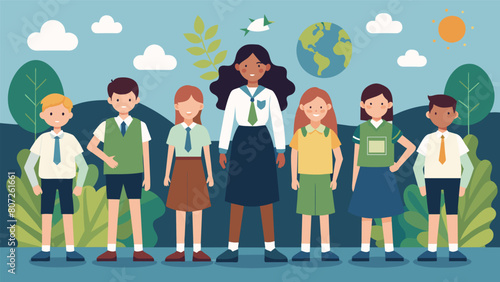 A schoolwide fashion show featuring students modeling their new sustainable school uniforms creating awareness for the program and its impact on the. Vector illustration