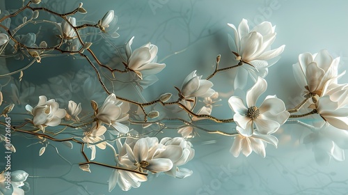 a glass-framed mirror embellished with elegant magnolia blossoms  reflecting both light and botanical grace.