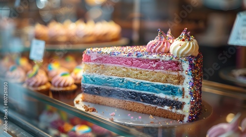 A detailed HD image of a gourmet cake decorated with edible glitter in the colors of the transgender flag, displayed in a bakery window with a 'Pride Special' sign