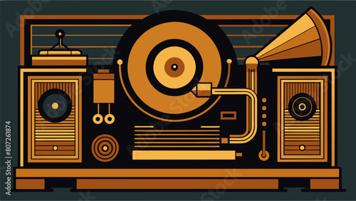 A wood print of a record player patent from the 1930s utilizing the mediums bold lines and textures to highlight the unique design elements of the Vector illustration