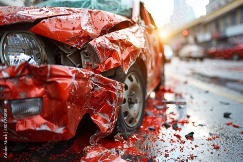 Crashed car with red damage detail