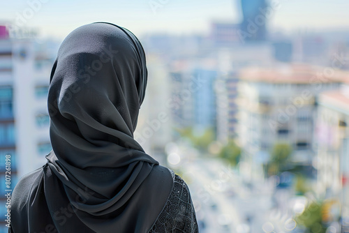Muslim woman overlooking city landscape