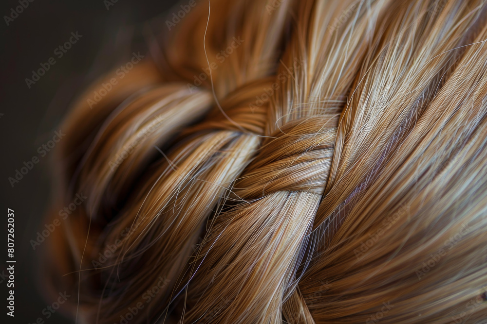 Fototapeta premium A woman's hair is braided and has a shiny, golden color